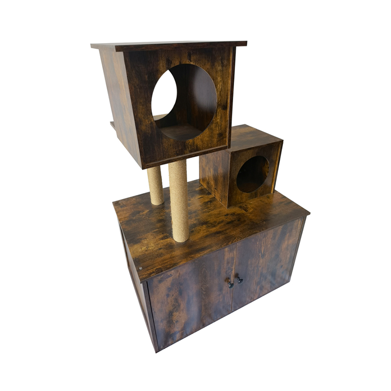 Wooden Cat House Tower Indoor Cat Tree Climbing Frame with Litter Box