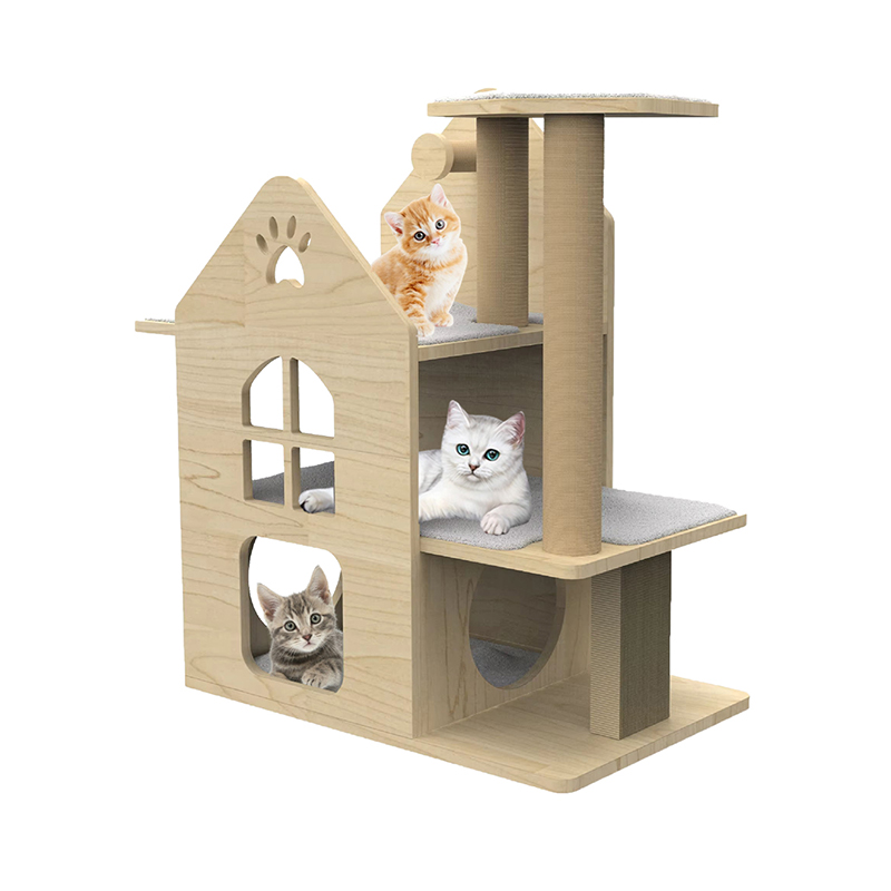 Indoor Wood Tower Cat House with Climbing Sisal Scratching Posts Cat Tree
