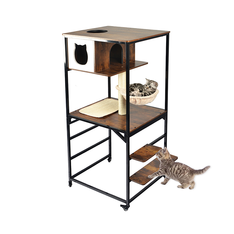 Modern Wood & Metal Cat Tree Indoor Tower Condo with Hammock