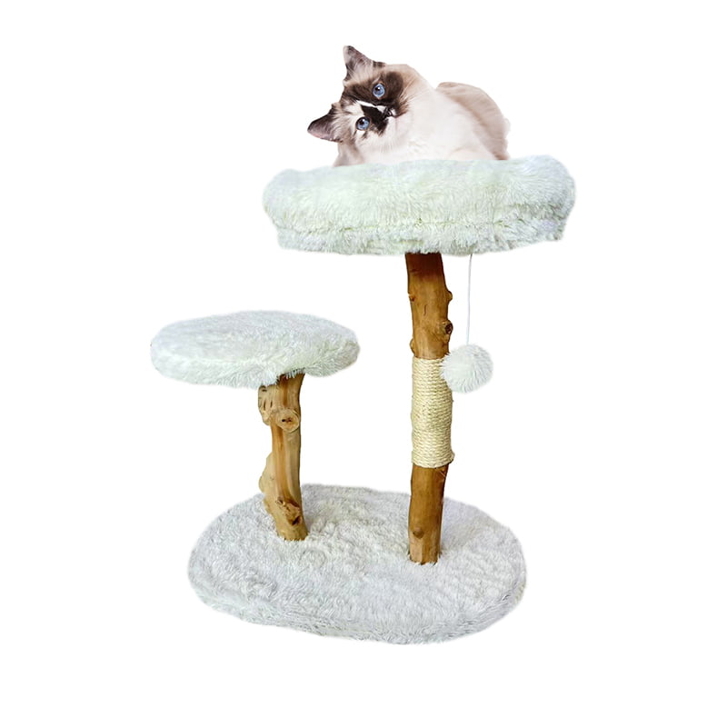White Cute Indoor Kitten Cat Tree Cozy Modern Cat Tower Condo with Wood Branches